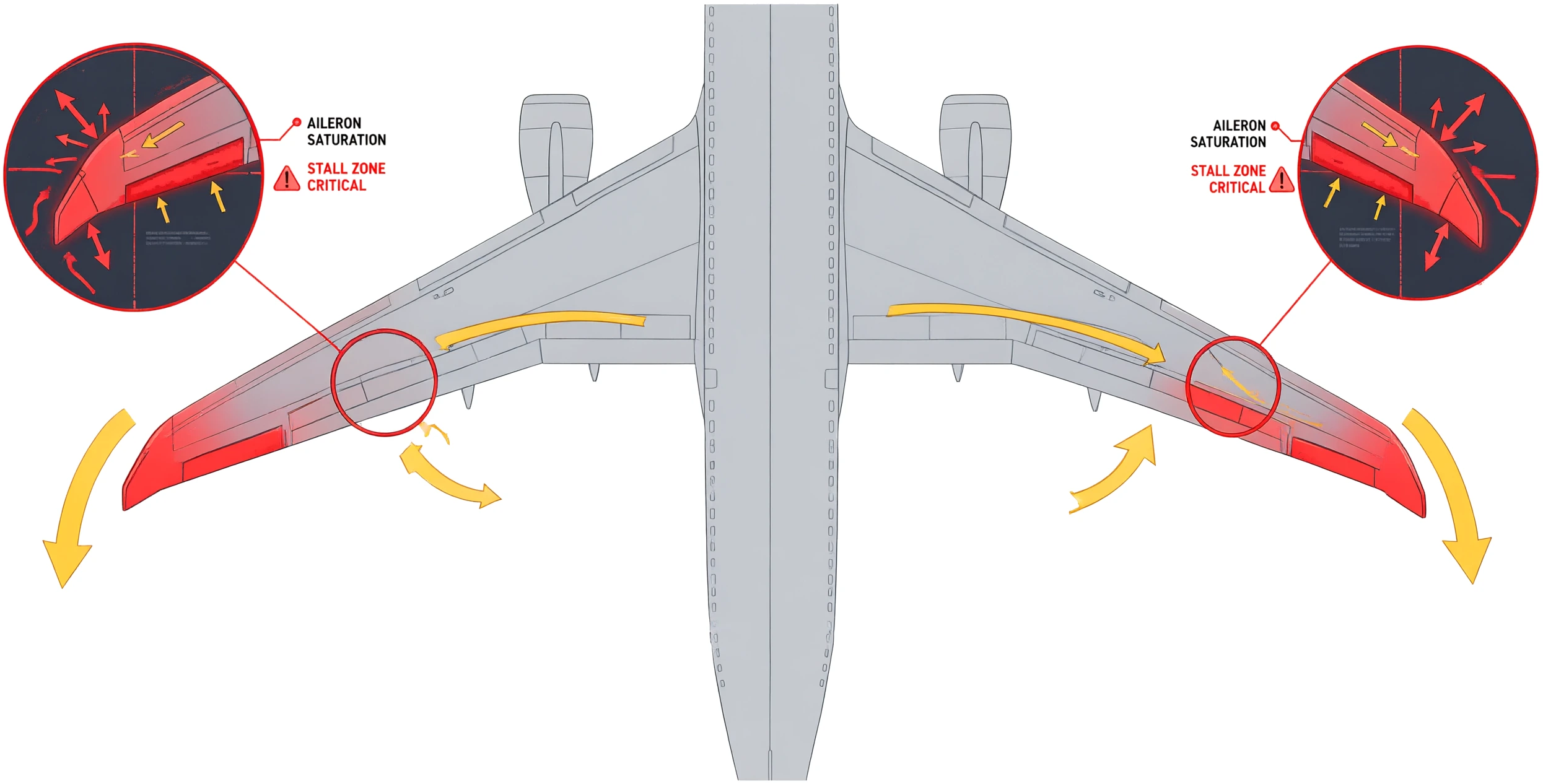 Wing diagram with curved arrows indicating rolling motion and loss of lateral control